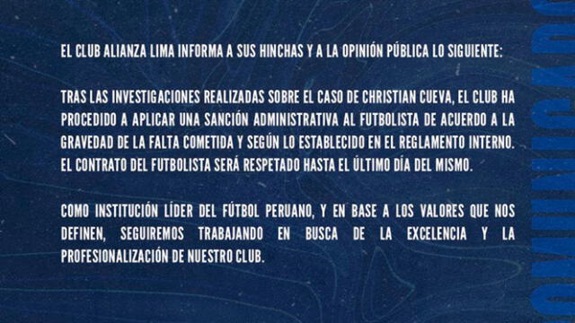 Comunicado de Alianza Lima. Foto: Club Alianza Lima   