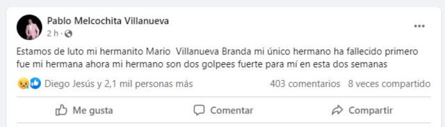  Mensaje de Melcochita. Foto: captura de Facebook/Melcochita   