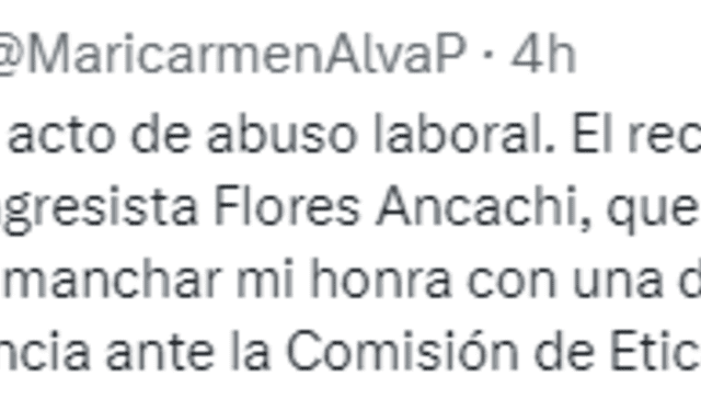 La congresista María del Carmen Alva se pronunció a través de su cuenta de Twitter. Foto: captura de su Twitter. 