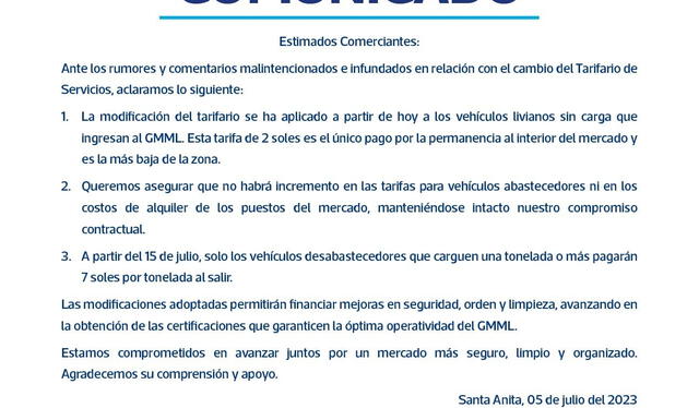 EMMSA emitió un comunicado referente al incremento de las tarifas. Foto: EMMSA   