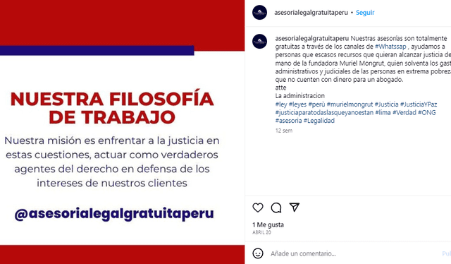  Mongrout y Mohring es la empresa legal de Muriel Mongrout. Foto: Instagram de Asesoría Legal Gratuita Perú<br><br>    