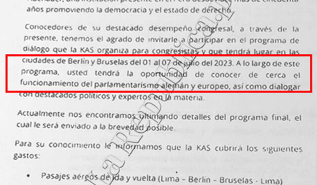 Documento similar remitido a Rosángella Barbarán. Los congresistas y KAS Perú han evitado ser transparentes sobre la información. (La República)   