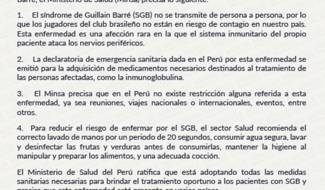 Comunicado de la entidad del Estado. Foto: Minsa   