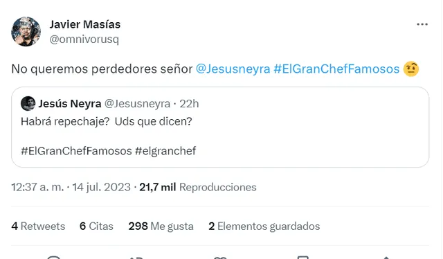 El tweet de Javier Masías en el que responde a Jesús Neyra. Foto: Twitter   