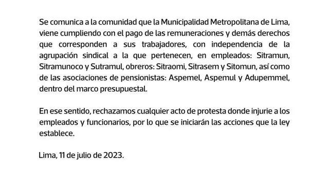 Comunicado de la comuna. Foto: MML   