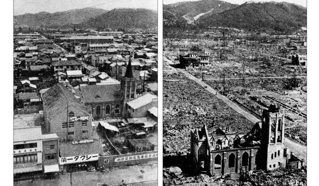 Comparación del antes y después de ataque con bomba a nuclear a Hiroshima. Foto: AFP   