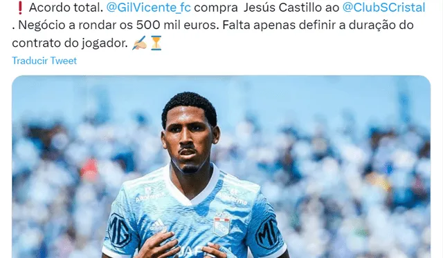 Sporting Cristal confirmó la venta de Jesús Castillo a Gil Vicente el 15 de julio. Foto: Captura Twitter/@pedromsepulveda   