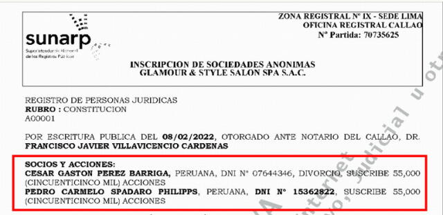  Registro de Sunarp donde figura que César Pérez y Pedro Spadaro son socios en la constitución de un spa. Foto: Twitter/@martinhidalgo   