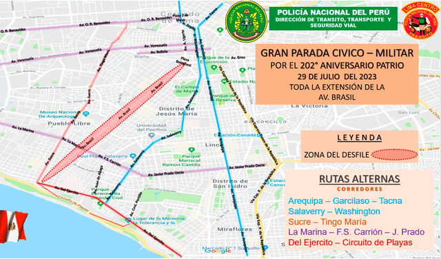  PNP brindó lista de avenidas alternas a la av. Brasil. Foto: PNP     