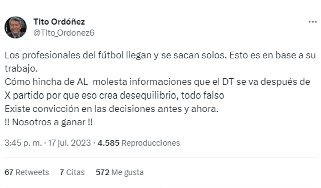 El tweet de Tito Ordóñez en el que desmiente que Guillermo Salas dejará de ser técnico de Alianza Lima. Foto: Captura Twitter/Tito Ordóñez   