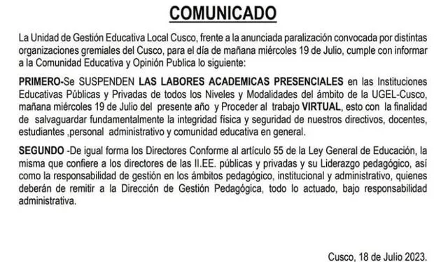  Suspenden labores escolares en Cusco. Foto: UGEL Cusco    