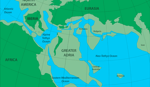  Ubicación de Gran Adria (Greater Adria) hace 140 millones de años, antes de chocar con Europa. Imagen: Universidad de Utrecht    