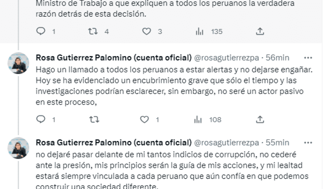  Exfuncionaria cuestionada se pronunció y acusó a Boluarte de encubrimiento. Foto: captura Twitter Rosa Gutiérrez 