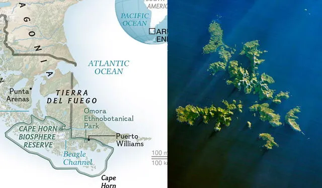  Ubicación del Cabo de Hornos e imagen tomada por satélite. Fotos: Nat Geo / NASA    
