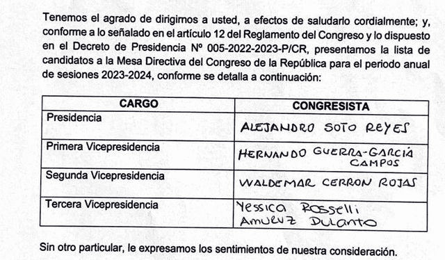  Se presenta la primera lista para la Mesa Directiva del Congreso. Foto: Congreso de La República.   