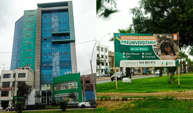 El edificio de la que sería la Universidad Municipal de Los Olivos ahora imparte cursos preuniversitarios. Foto: composición LR/La República   