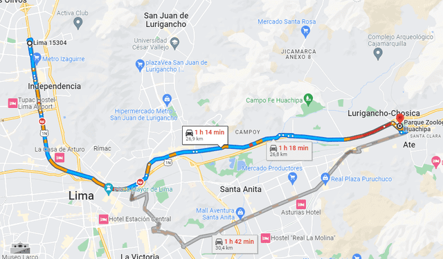 Ruta desde Los Olivos a Huachipa sin peaje. Foto: Google Maps   