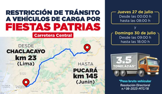  Restricciones de tránsito en la Carretera Central. Foto: Difusión 