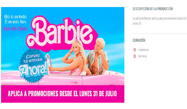 La película 'Barbie' estará disponible en las ofertas de Cinemark desde el 31 de julio. Foto: Cinemark   