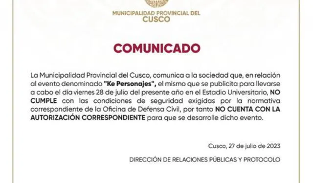  Comunicado de la Municipalidad Provincial de Cusco sobre concierto de Ke Personajes. Foto: Municipalidad de Cusco/Facebook   