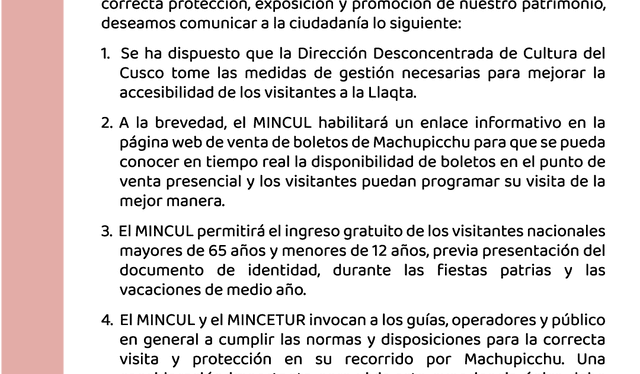  El Ministerio de Cultura emitió una serie de medidas. Foto: Mincul  