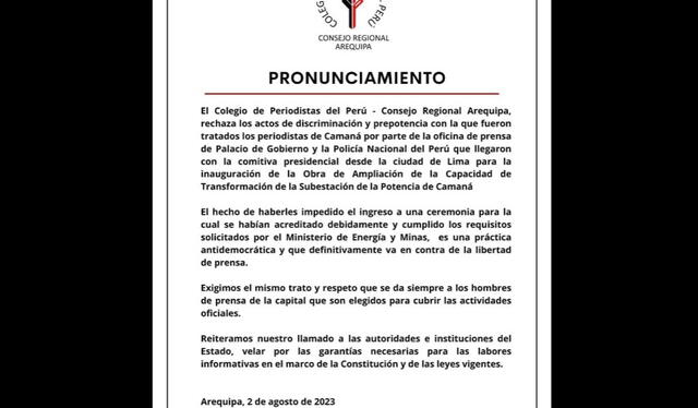  Pronunciamiento del Colegio de Periodistas, Consejo Regional Arequipa. Foto: Colegio de Periodistas - Arequipa   