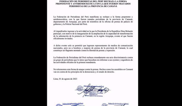 Pronunciamiento de la Federación de Periodistas del Perú. Foto: difusión/FPP   