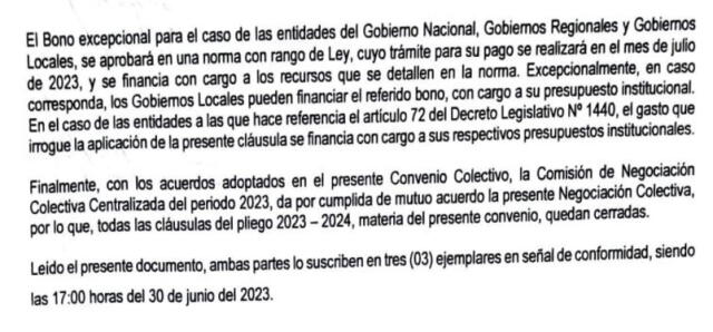Acuerdo firmado que establece el apoyo económico de S/600 para el sector público. Foto: captura de Convenio Colectivo Centralizado 2023-2024 