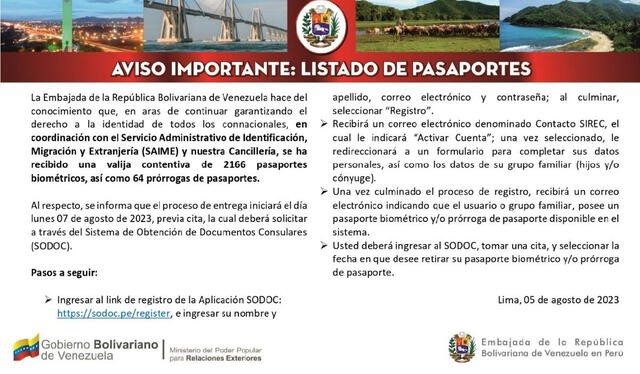  Llega una valija de pasaportes venezolanos al Consulado de Caracas en Lima, informó dicha oficina a través de Telegram. Foto: Consulado de Venezuela   