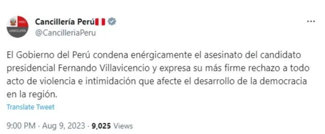  Cancillería condena el asesinato de Fernando Villavicencio. Foto: Cancillería del Perú   