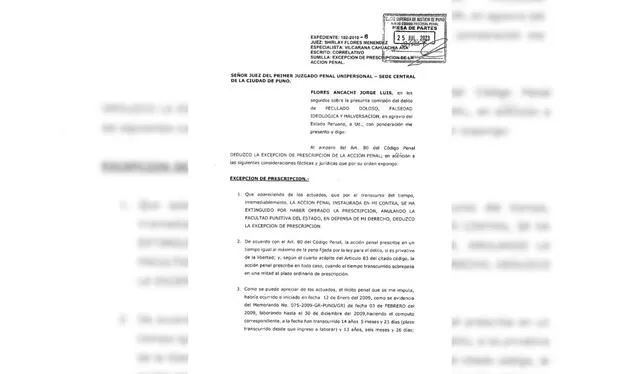 Corte de Justicia de Puno recibió este documento de Flores el 25 de julio y con él se busca que su proceso prescriba. Fuente: La República   