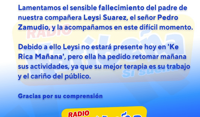  Radio Karibeña mandó sus condolencias a Leysi Suárez. Foto: Radio Karibeña/Foto: Instagram   
