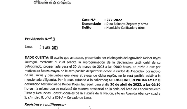 Oficio de reprogramación de declaración testimonial de Reyder Rojas en Lima. Foto: cortesía   
