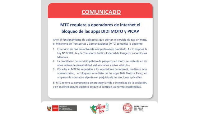 Comunicado de MTC en el que se solicita el bloqueo de Didi Moto y Picap. Foto: captura/Twitter   