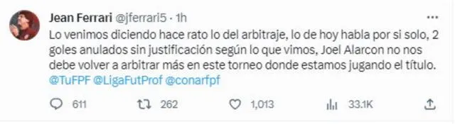  Publicación de Jean Ferrari en Twitter. <strong>Foto: captura</strong>    