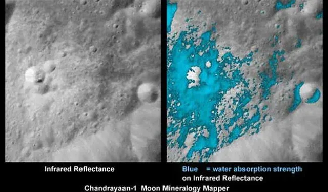 En 2009, el Moon Mineralogy Mapper de NASA, en la nave Chandrayaan-1 de ISRO, observó materiales ricos en agua en cráteres de la Luna. Foto: NASA   