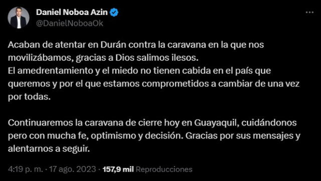 Candidato confirma que continuará la caravana de cierre en Guayaquil. Foto: captura de Twitter de Daniel Noboa   