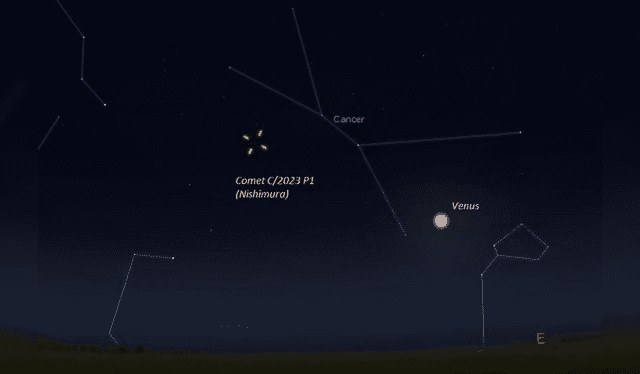     Location Of Comet C/2023 P1 (Nishimura) On September 3, 45 Minutes Before Sunrise.  Image: Eddie Irizarry / Stellarium    