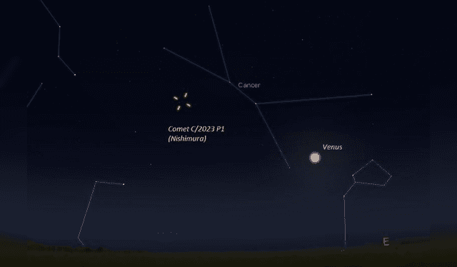  Ubicación del cometa C/2023 P1 (Nishimura) el 3 de setiembre, 45 minutos antes del amanecer. Imagen: Eddie Irizarry / Stellarium    