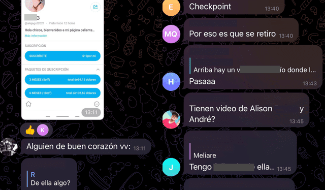 Capturas de chats de Telegram donde se filtra contenido de creadores. Foto: Captura   