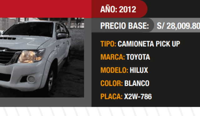  El Toyota Hilux destaca en la lista a subastar. Foto: Pronabi   
