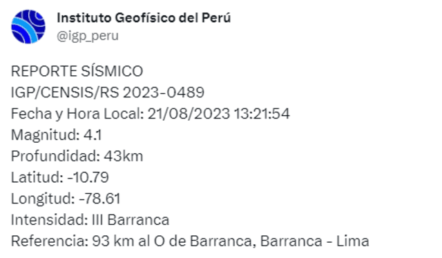 Este fue el sismo de hoy en Lima. Foto: Twitter/IGP   