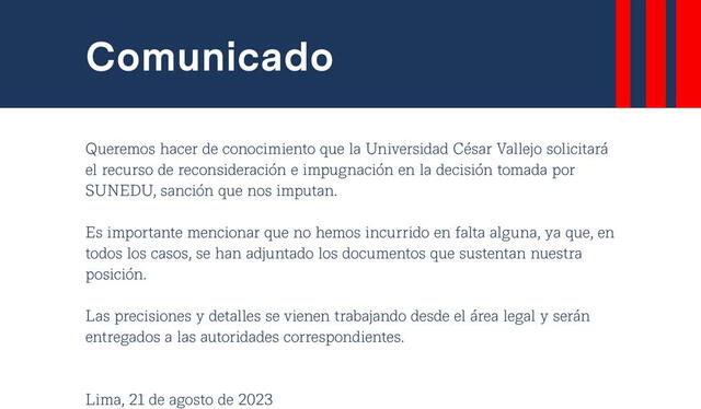 Comunicado Universidad César Vallejo. Foto: UCV 