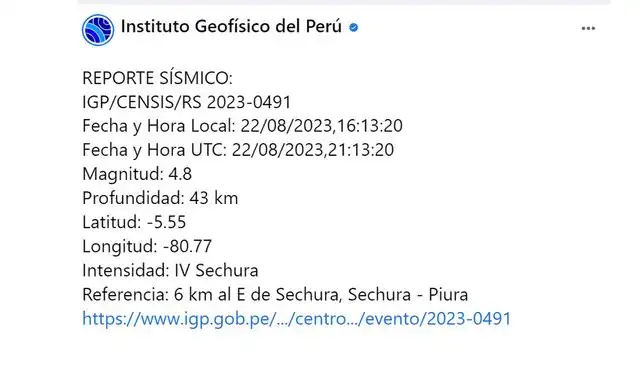  Sismo en Piura este martes 22 de agosto. Foto: IGP   