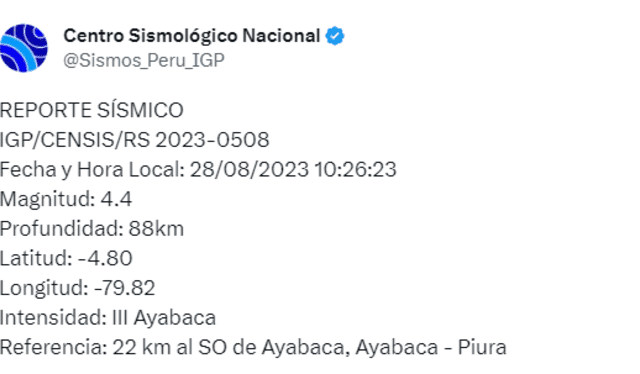 Temblor en Piura. Foto: captura de IGP 