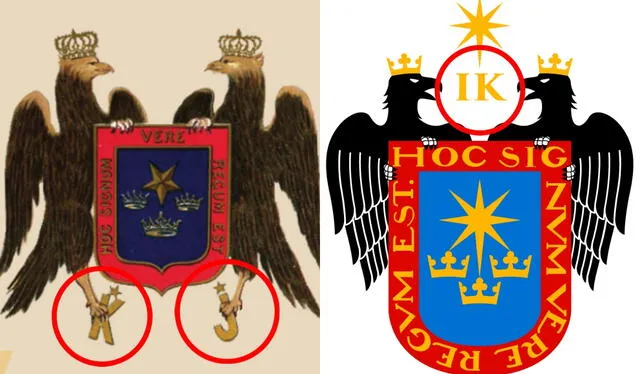 Inicialmente, las águilas en el escudo de Lima llevaban las iniciales de los reyes en sus patas, actualmente son representadas en la parte superior. Foto: composición LR/captura de Alerta Archivística/PUCP   