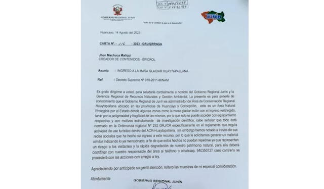  Entidad regional envió carta a youtuber. Foto: GRJ   