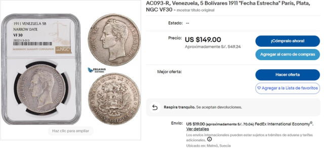 En portales como eBay se comercializan las monedas de 5 bolívares de 1911. Foto: captura eBay   
