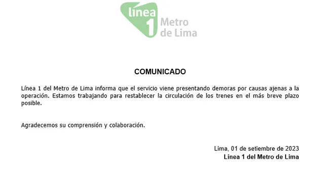  Desde la empresa aseguraron que son "causas ajenas". Foto: Metro de Lima<br>   