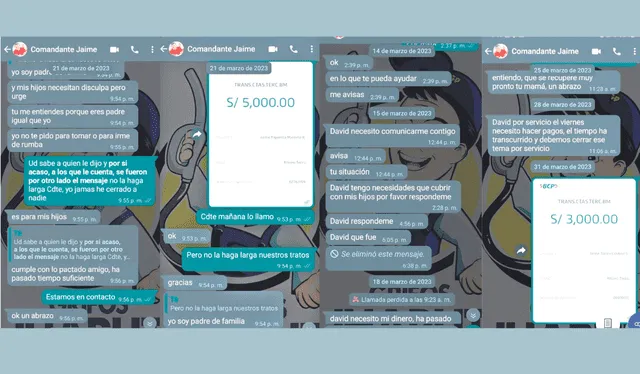  Evidencia. El comandante EP Cristian Jaime Torres le pedía el dinero de las coimas al empresario Jherson David Aguilar por mensajes de WhatsApp. Foto: difusión  